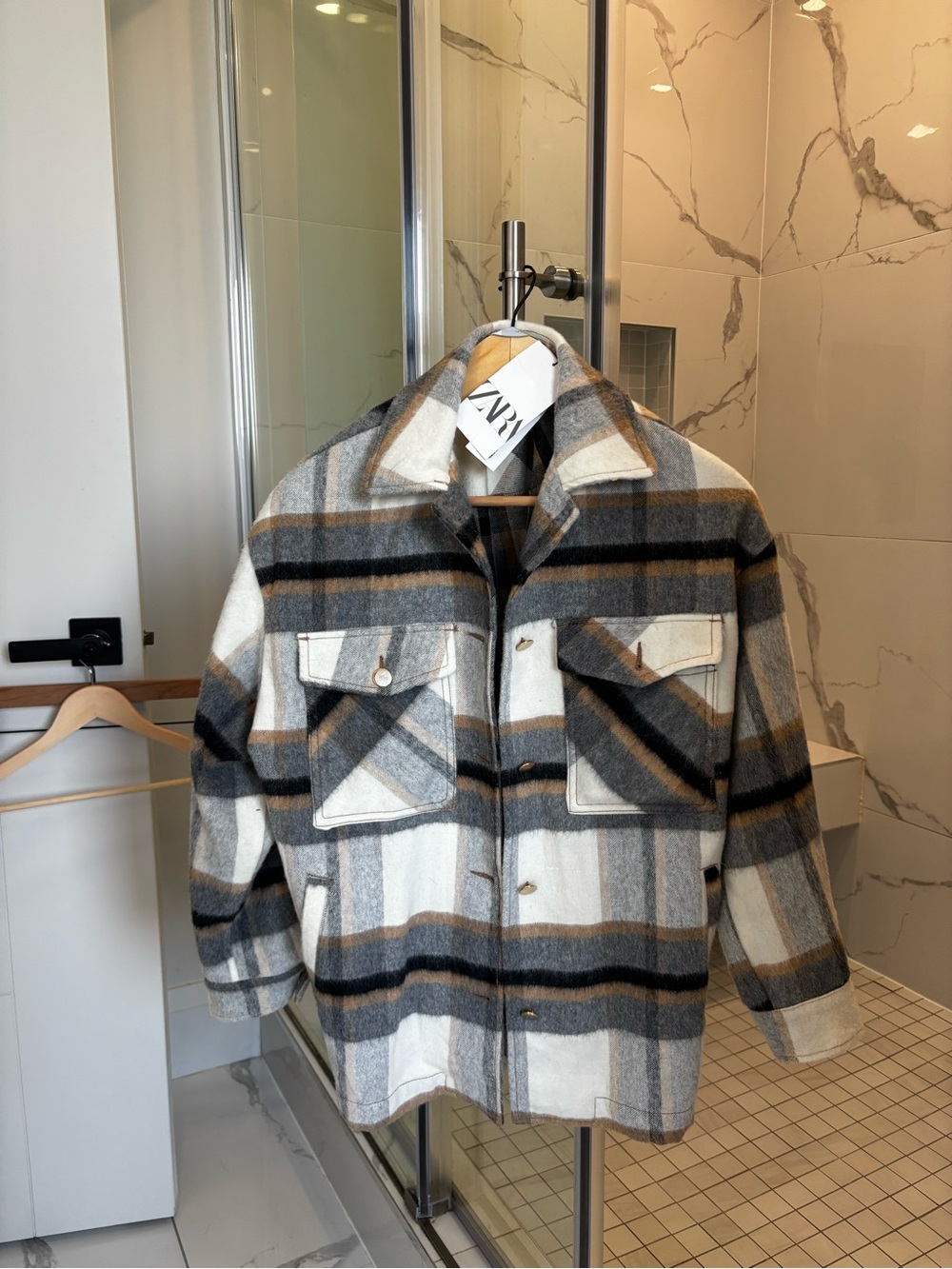 ZARA Cream, Gray & Brown Plaid Trench-Style Coat
